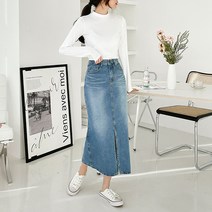 토마토팩토리 여성용 슬릿 워싱 데님 롱 스커트 801D