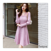 티피/Teepie 니트 드레스 여성용 메쉬 스티칭 우아한 바닥 스커트