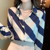 파란색과 흰색 스트라이프 쉬폰 셔츠 봄 여름 여성을위한 우아한 블라우스 2023 한국어 오피스 레이디 캐주얼 긴 소매 의류