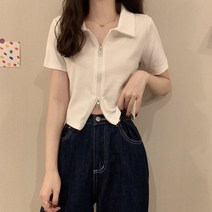 여름 디자인감 미니 더블 지퍼 터틀넥 아이스 니트 빈티지 반팔 카디건 티셔츠