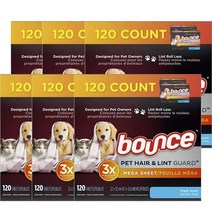 바운스 펫 헤어 린트 가드 메가 건조기시트 120정 Bounce Pet Hair Lint Guard Mega Dryer Sheets Fresh Scent, 6팩