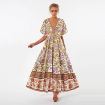 리조트룩 해외여행여름옷 마린룩 빈티지 세련된 여름 해변 복장 목 꽃 인쇄 맥시 히피 리조트 착용 긴 드레