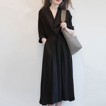아이엠몽 여성 브이넥 셔츠 원피스 긴팔 롱 원피스 플레어 스커트 센느