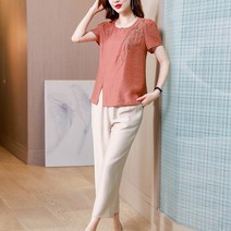 면마 여름 중년여성 빅사이즈 반팔티 배기팬츠 린넨 투피스 하늘비즈 C10 P480B933
