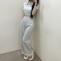 VANANA2 데일리 베이직 심플 무지 카라넥 크롭 반팔 밴딩 와이드 팬츠 투피스 세트 3color