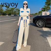 vsyoy 반팔 패션 캐주얼 정장 여성 패션 브랜드 디자인 감각 틈새 여름 새로운 스플릿 와이드 레그 바지 투피스 세트