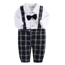 타탄 체크 턱시도 유아 긴팔 우주복 70-95 타이 리본 아기 신생아 깜찍 유주복 귀여운 올인원