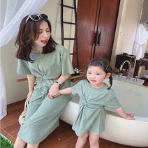 엄마와 나 가족 매칭 복장 여성 드레스 여름 반팔 어머니 딸, [02] mom long dress, [02] green