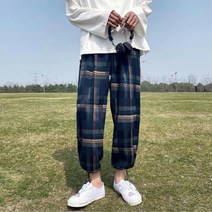 한국어 버전 가을 격자 무늬 졸라 매는 끈 젊은 남성 패션 모든 경기 느슨한 캐주얼 바지