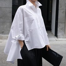 봄블라우스 봄셔츠 셔츠블라우스 여성용 다프악 코튼 화이트 셔츠 불규칙한 턴 다운 칼라 튜닉 캐주얼 긴