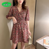 SHENGBO여성 브이넥 슬림 플리츠 플라워 미니 원피스