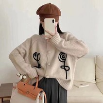 꽃 자수 카디건 여성 루즈핏 라운드 니트 6R717