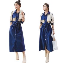 JUST FEEL!NG 여성용 긴팔 플리츠 롱원파스 배색 셔츠넥 허리밴딩 예쁜 셔츠원피스 캐주얼 빅사이즈