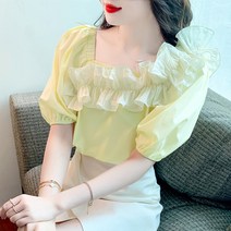 연노랑 반팔 셔츠 여 2022년 여름 숄더 개성 중공 분위기 블라우스 아우터 상의