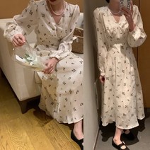 잇츠스타일 봄 v넥 면 긴팔 잔꽃 소매 원피스