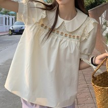 베이비돌블라우스 분홍 옐로우 카라 꽃 자수 퍼프 벌룬 반팔 루즈핏 숏