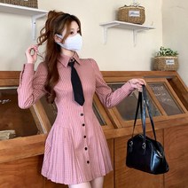바샤 카라넥 스트라이프 넥타이 셔츠 플레어 슬림 A라인 원피스