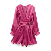 강아지 점프 슈트 TRAF-버클 새틴 질감 짧은 점프 슈트 여성 의류 V-칼라 스타일 와이드 레그 반바지, 01 as picture_04 L