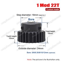 랙기어 22t mod 1 피니언 566 3581012mm 보어 스퍼 외경 24mm 45, 5mm