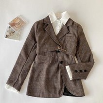 여성정장 오피스룩 투피스 여성 탑 티 오프숄더 격자 무늬 짧은 블레이저 패션 정장 높은