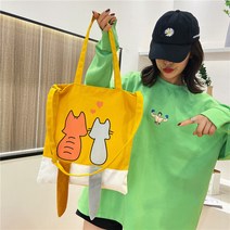 만화 숲 실크 스크린 그림 간단한 대각선 백 트렌드 핸드백 큰 캔버스 가방 새끼 고양이 꼬리 가방