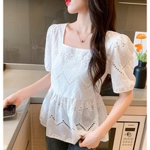 스퀘어넥 리본 아일렛블라우스