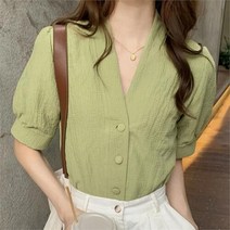 셀러허브 여성패션 [오노마] ONM 여성 퍼프소매 블라우스 그린 회사원 복장 셔츠 코디
