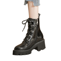 도오빠 예지다 여성 가죽 워커 앵클 부츠 블랙 6CM 키높이 통굽 레이스업 유광 미들 여자워커 신발