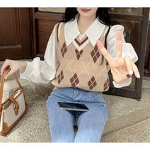 [컴피앤모어] 마름모 넥 조끼 블라우스 코디세트 빅사이즈 77
