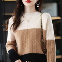 뜨개질 바늘 세트 코바늘 줄바늘 겨울 오피스 레이디 패치 워크 뜨개질 느슨한 o 넥 긴 소매 풀오버 여성, 04 CAMEL_03 L(55-60kg)