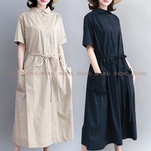 지홍 JIHONG 여름 면혼방 롱원피스 빅사이즈 루즈핏 반팔 마담 미시