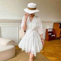 펀칭 레이스 자수 원피스 펀칭미니원피스 Gypsy여성우아한 세련된 미니 화이트 코튼 벨트 브이넥 오피스룩 파티