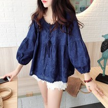 아기돌 티셔츠 7부소매 여성용 잠신한 의류 한국식 달콤한 에이라인 레이스 레이스 자수 꽃 순면 티셔츠