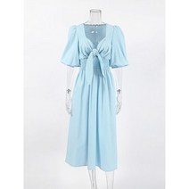 면마 원피스 린넨원피스 하늘색 퍼프소매 튜닉 여름 여성 트위스트 브이넥 코튼 린넨 바캉스룩 레이디 보헤미안 캐주얼