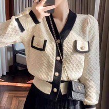 QiYuQoo 여성 브이넥 진주 단추 트위드 니트 가디건
