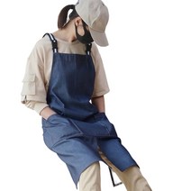 프리미엄 데님 방수 멜빵앞치마 다용도 카페 바리스타 공방 미술 작업용, 블루 데 님
