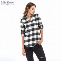 5XL 여성용 격자 무늬 셔츠 캐주얼 노치 V넥 블라우스 커프 드 긴팔 풀오버 소프트 튜닉