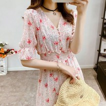 여름 원피스 하객 여성 룩 캐주얼 꽃 프린트 쉬폰 드레스 하프 슬리브 V넥 플레 티드 롱 Size 5XL