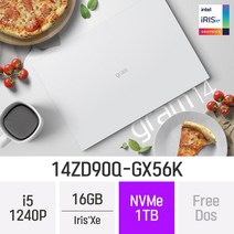 [오늘출발] LG전자 2022 그램14(12세대) 14ZD90Q-GX56K - 14인치 Iris Xe 휴대용 대학생 인강용 문서작업 가벼운 초경량 노트북, Free Dos, 16GB, 1TB