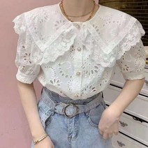 가을 니트 레이스 자수 블라우스 여성 프렌치 할로우 아웃 피터 팬 칼라 셔츠 여름 반팔