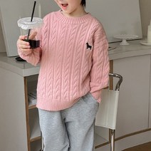 도오빠 플레바 아동 꽈배기 니트 라운드넥 긴소매 스웨터 오버핏 남녀공용 무지 티셔츠 주니어 초등학생