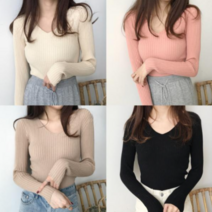 브이넥 슬림핏 기본 골지 니트티 6컬러
