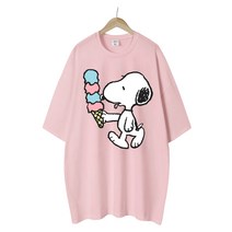 엠제이스타 스누피 여성 아이스크림 반팔 루즈핏 롱 프린팅 캐릭터 티셔츠 오버핏 반팔티