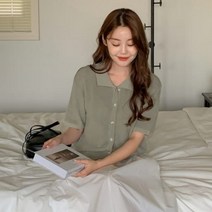 [바보사랑] 여성 여름 린넨 카라 니트 반팔 가디건