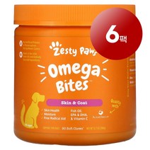 리암마켓 Zesty Paws 제스티 포우즈 강아지용 면역 건강한 피부 털 관리 보충제 오메가 바이트 치킨맛 소프트 츄 90정 1팩, 6팩