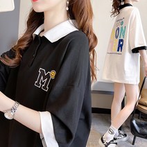 스타일아유 여성 여자 오버핏 박시 카라 반팔 티셔츠 백 스마일 프린팅 루즈핏 봄 여름 단추 카라티 롱 반팔티 데일리 캐주얼 룩