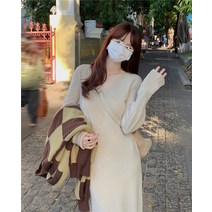 날씬해보이는 스트링 브이넥 파스텔칼라 추천 패셔너블 연예인 슬림핏 니트 롱 원피스 여자 직장인