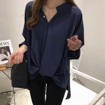 러블로어 여성 오버핏 가을 유니크 매듭 노카라 무지 블라우스