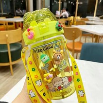 휴대용 다용도 소형 반반텀블러 반반물통 물병 물컵 어린이 초등학생 유치원생, 그린+스트랩3D컵스티커컵브러시밀짚브러시