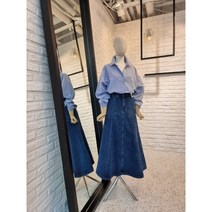 [반다리] 하이웨이스트 진청 플레어 롱스커트